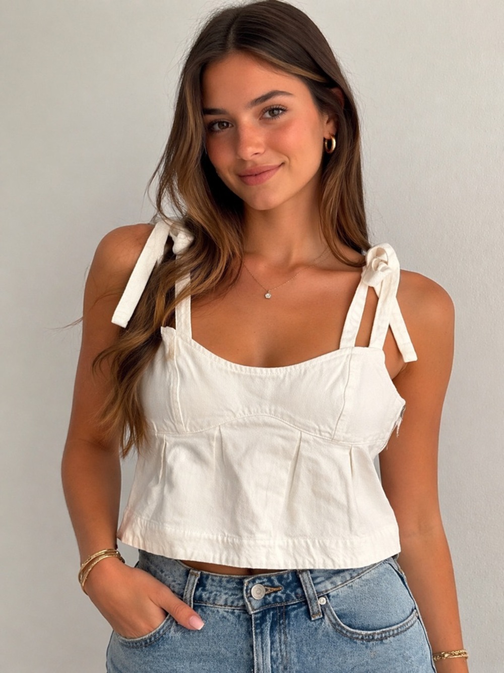 Zara White Tie Strap Crop Top Babydoll Tank Summer Minimal size M NWT